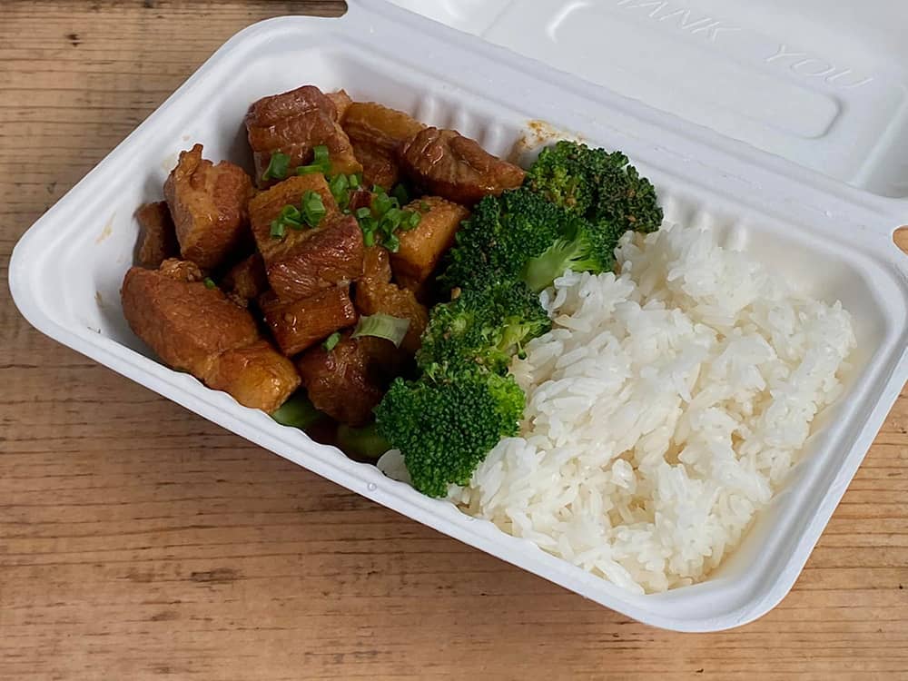 A photo of Chinese Pork Belly, broccoli and rice